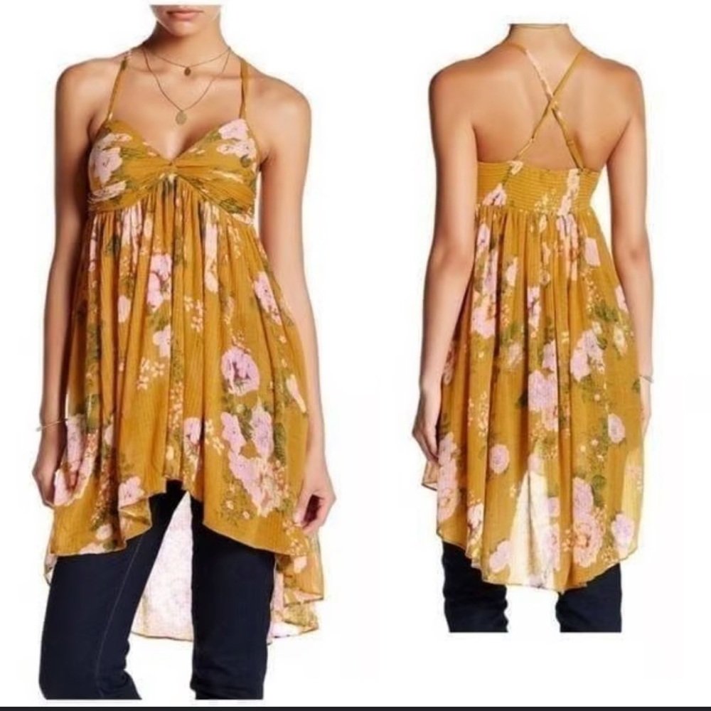 Free People “Mirage” Mustard Floral Printed Gauzy Tunic/Mini Dress